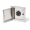 wall-mounted electrical enclosure with hinged door open, showing black rotary dial control and terminal connectors inside