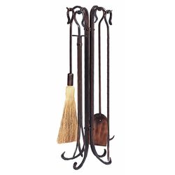 4 Piece Antique Copper Hammered Crook Fireplace Tool Set