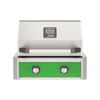 AOG built-in gas grill with green front panel, two burner controls, and temperature gauge display