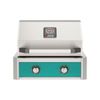 AOG built-in gas grill with turquoise front panel, top, two control knobs, and temperature gauge display