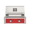 AOG two-burner built-in gas grill with hood, red panel, and temperature gauge, ideal for outdoor cooking.