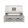 AOG 2-burner built-in grill with electronic ignition and temperature gauge, front view.