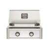 AOG built-in gas grill with two burners, temperature gauge, and control knobs, designed for outdoor kitchen installation