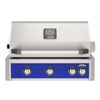 AOG 4-burner built-in gas grill with hood, blue control panel, and four metal knobs for temperature adjustment.