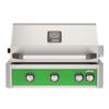 AOG four-burner built-in gas grill with hood, green control panel, and analog temperature gauge, featuring black knobs and side burner