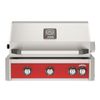 AOG 4-burner built-in gas grill with hood, red front panel, and control knobs in outdoor kitchen setting.