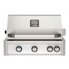 AOG 4-burner built-in gas grill with open hood, electronic ignition, and control knobs for heat adjustment.