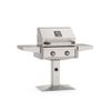 pedestal grill with two burners, digital control panel, side shelves, and square base stand