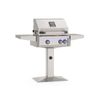 pedestal grill with white hood, three control knobs, side shelves, and digital display panel on top.