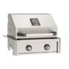 tabletop gas grill with two burners, electronic ignition control panel, and hinged hood featuring AOS branding and temperature gauge.