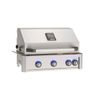 built-in gas grill with white hood, digital control panel, four blue burner knobs, and side burner attachment.