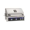 AOG 32-inch built-in gas grill with hood, four illuminated burner knobs, and digital control panel on dark blue fascia.