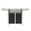 outdoor grill cart with two black cabinet doors, side shelves, and casters, viewed from above.