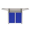 outdoor grill cart with two blue cabinet doors and wide side shelves, top view.