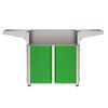 outdoor grill cart with open top lid and two green cabinet doors below, featuring side shelves and casters for mobility