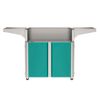 Outdoor grill cart with top and turquoise side cabinets, featuring two doors and wheeled base, top view.