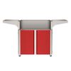 outdoor grill cart with red cabinet doors and open top cooking surface, featuring side shelves and wheels for mobility.