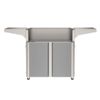 outdoor grill cart with open top cooking surface, two side shelves, and wheeled base, viewed from above