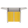 outdoor grill cart with yellow painted cabinet doors, open hood, and side shelves on casters