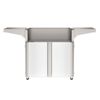 outdoor grill cart with gray metal hood top, white cabinet base with two doors, and caster wheels, viewed from above