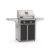 and black gas grill with two burners, digital display, side shelves, and cabinet storage on wheels.