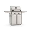 gas grill with two burners, digital control panel, side shelves, and enclosed storage cabinet on wheels