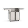 outdoor grill cart with large flat top surface, two side shelves, refrigerated storage compartment below, and caster wheels for mobili