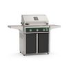gas grill with white hood, black firebox, four green control knobs, side shelves, and wheels for portability.
