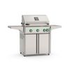 gas grill with four green control knobs, side shelves, and enclosed cabinet base with wheels