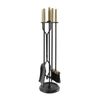 Black fireplace tool set with metallic accents, featuring stand, shovel, brush, and poker for fire management