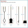 Neoclassic fireplace tool set in wrought metallic with black powder-coat remove entirely or use 'surface' and metallic-plated handles, including four tools with measurements shown, 26