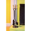 Black metal fireplace tool set with metallic-colored candle holders, featuring shovel, brush, and poker on round base