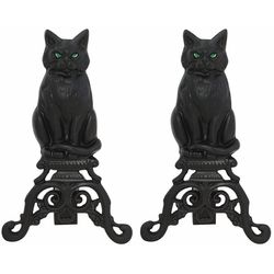 Black  Iron Cat Fireplace Andirons w/ Reflective Glass Eyes