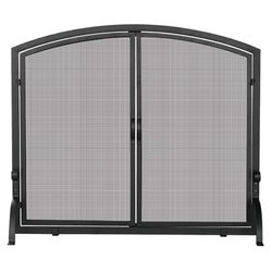 Black Single Panel Wrought Iron Fireplace Screen with Doors