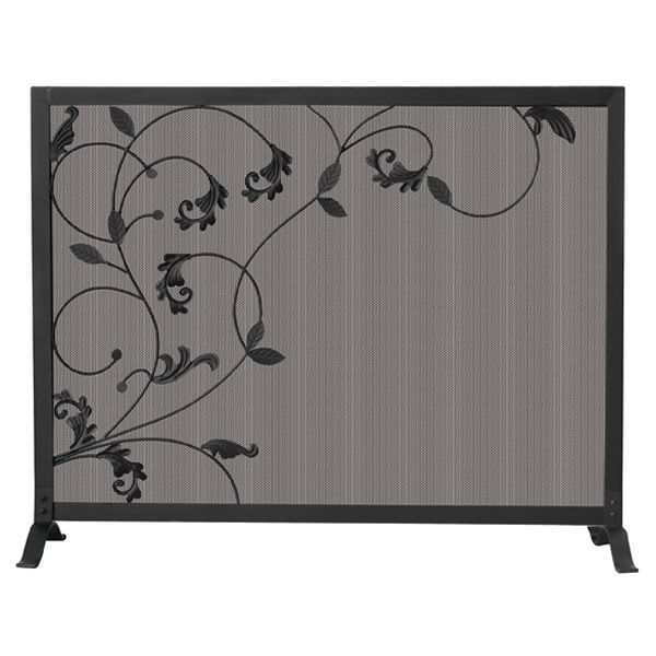 Black Single Panel Wrought Iron Fireplace Screen with Leaves - 39" x 31"