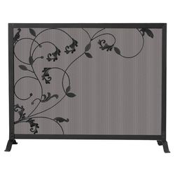 Black Single Panel Wrought Iron Fireplace Screen with Leaves