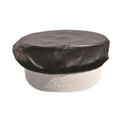 Black material top ottoman with cream material or textile base, round cushioned design for seating or footrest