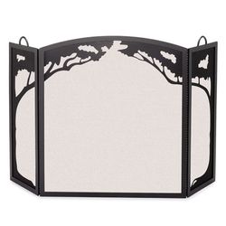 Black metal fireplace screen with three panels, decorative tree branch cutout design, and cream perforated panels, arched top with hanging loops