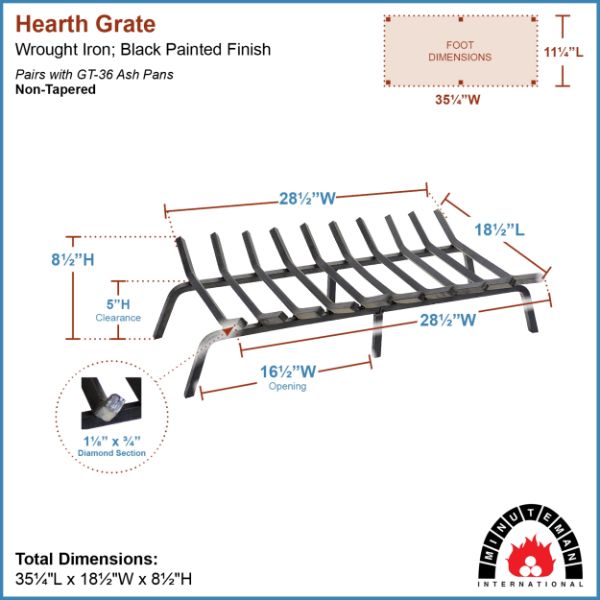 Minuteman Non-Tapered Fireplace Grate - 36"