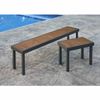 Two outdoor benches with teak wooden or material seats and black metal frames, positioned on a pool deck