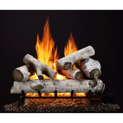 Decorative birch wooden or material fireplace log set with realistic flame effect, featuring white bark logs and orange glowing fire on black background