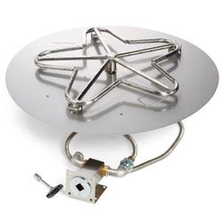 fire pit burner ring with white circular pan base and control valve assembly with ignition knob, designed for propane or natural gas o